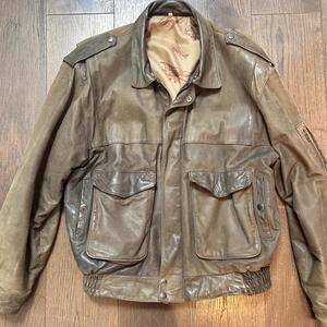 Vintage Green Leather Aviator Bomber Jacket Olde Hide House Mens M/L
